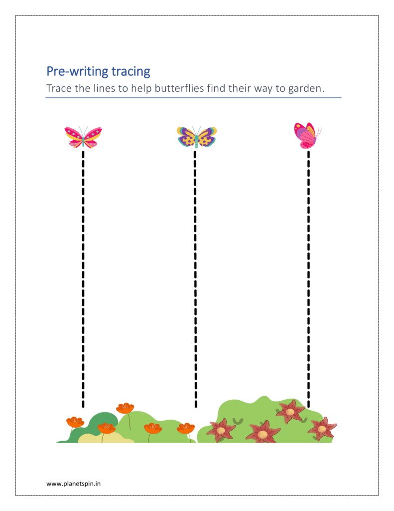 Trace the lines to help butterflies find their way to garden in pre writing practice sheets