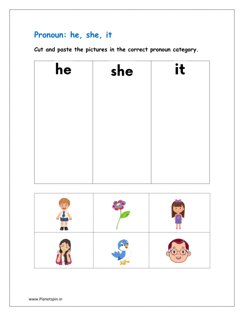 Cut and paste the pictures in the correct pronoun category