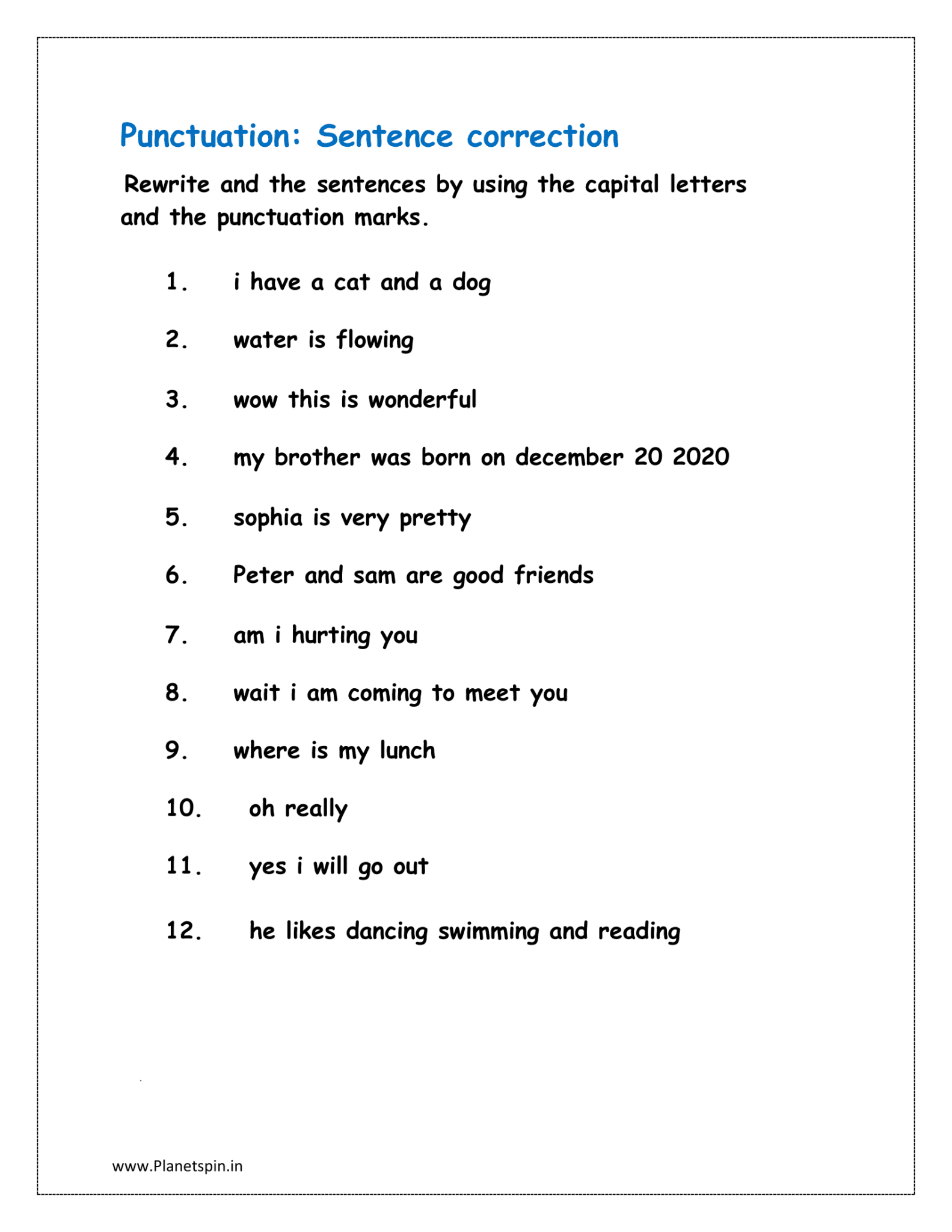 Punctuation marks worksheet for grade 1 | Planetspin.in