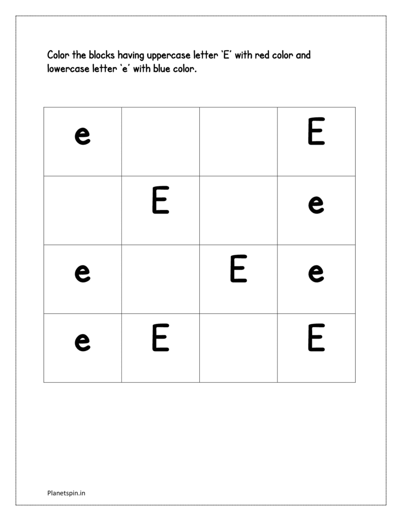 Color the upper case letter 'E' with red color and lower case alphabet 'e' with blue color  in the worksheet