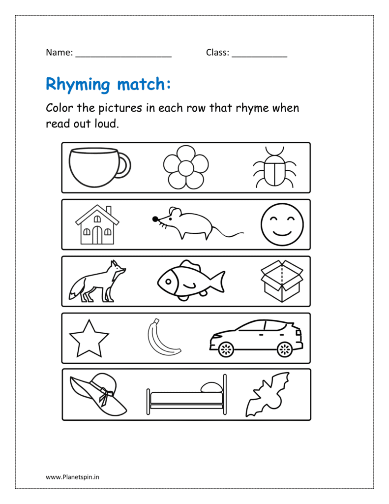 Color the pictures in each row that rhyme when read out loud