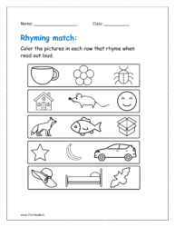 Color the pictures in each row that rhyme when read out loud