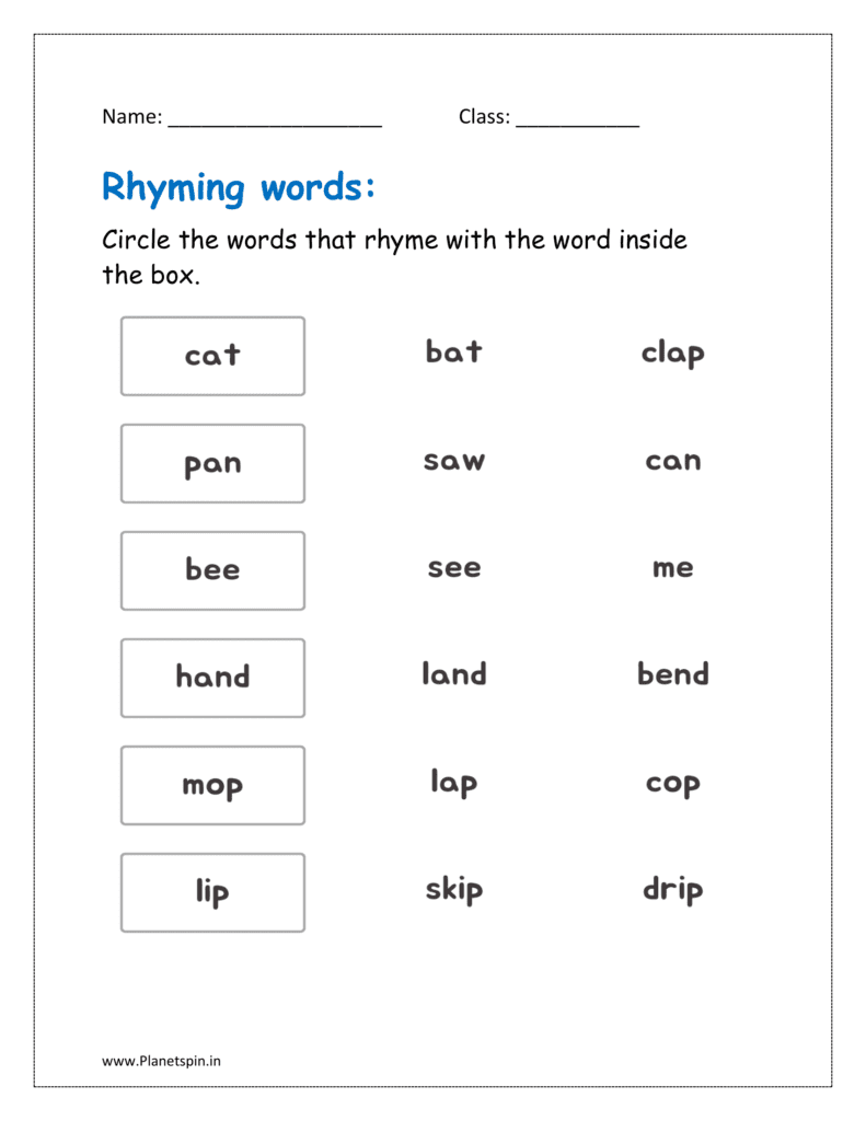 Circle the words that rhyme with the word inside the box