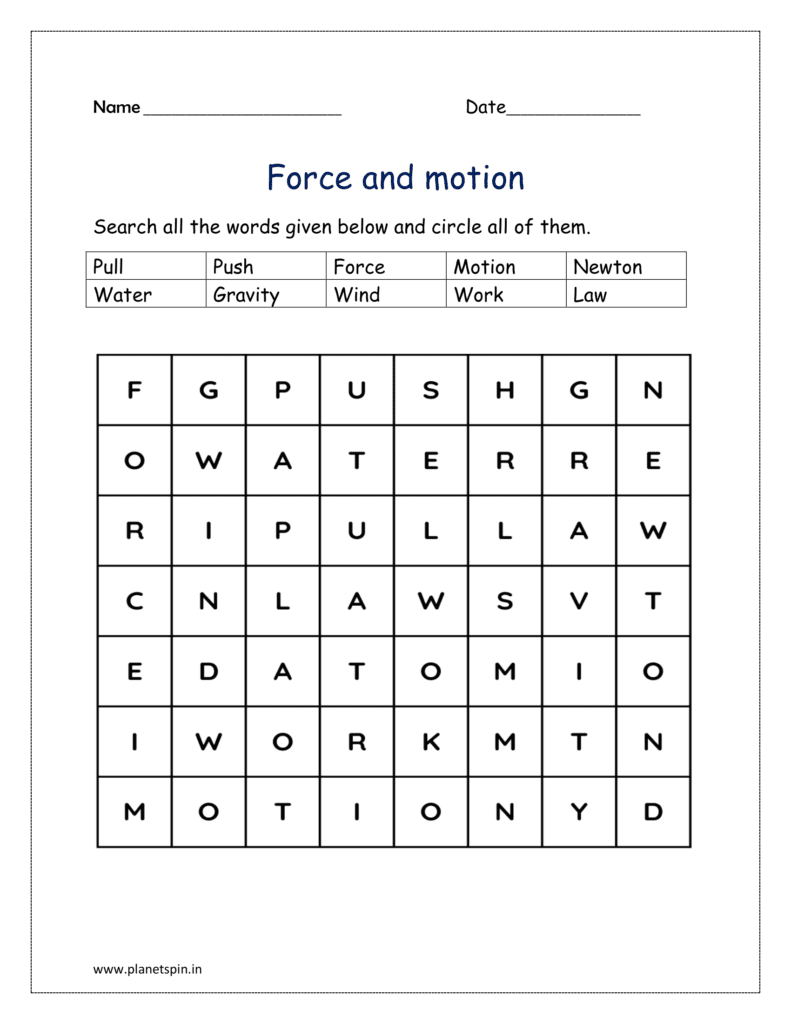 Search all the words related to the force and motion given in the worksheet and circle all of them.