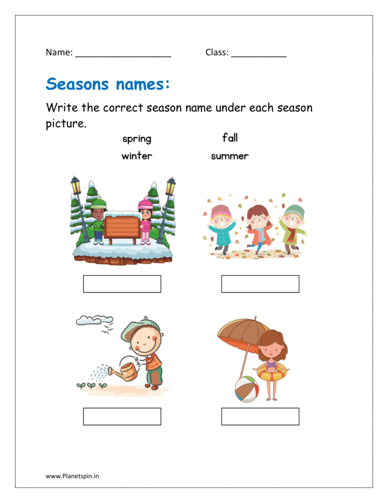 Seasons name worksheet for kindergarten | Planetspin.in