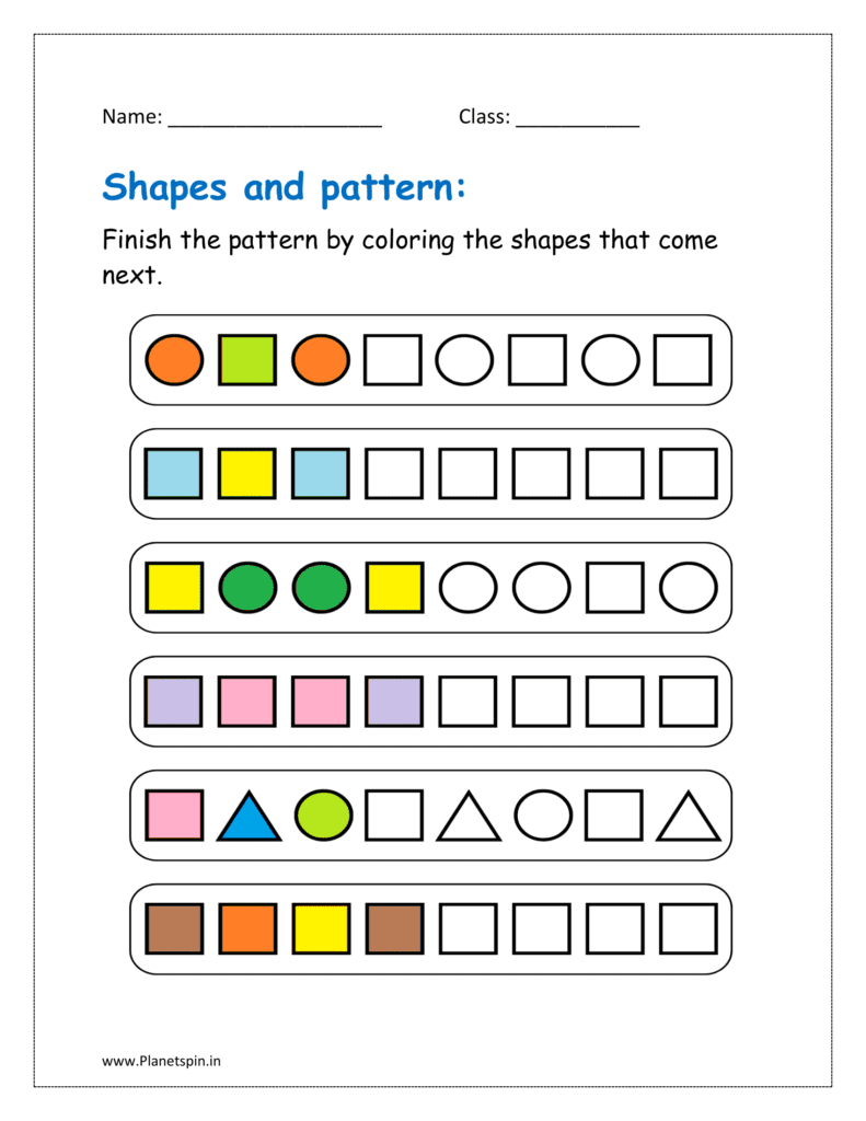 Finish the patterns by coloring the shape that come next in the kindergarten worksheet