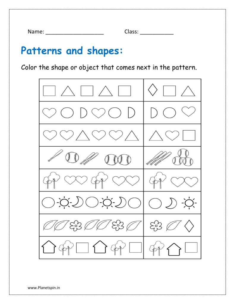 Color the shape or object that comes next in the pattern (shapes and patterns worksheets for grade 1)