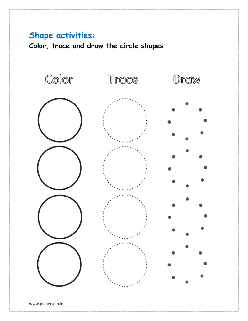 Color, trace and draw the circle shapes