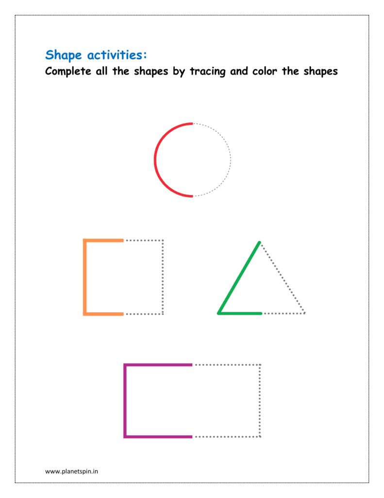 Complete all the shapes by tracing and color the shapes 