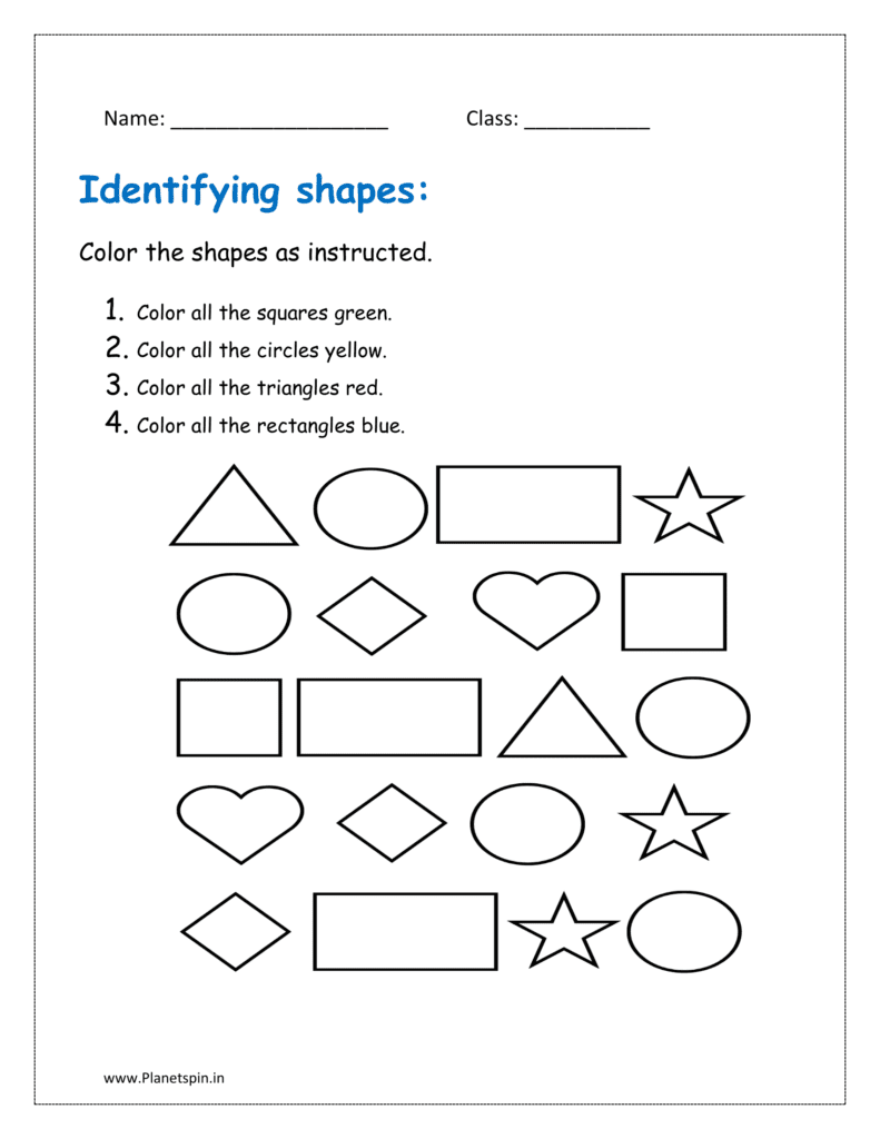 Color the shapes as instructed (shapes worksheet for grade 1)