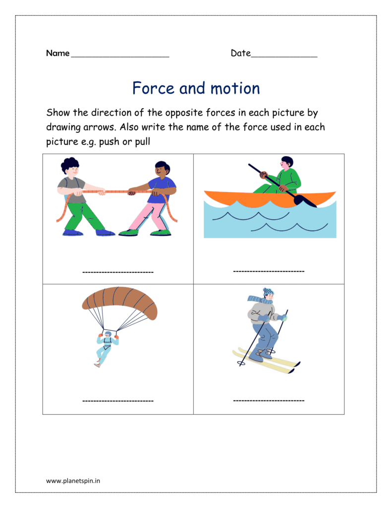 Direction of opposite force: Show the direction of the opposite forces in each picture by drawing arrows. Also write the name of the force and motion used in each picture in the worksheet