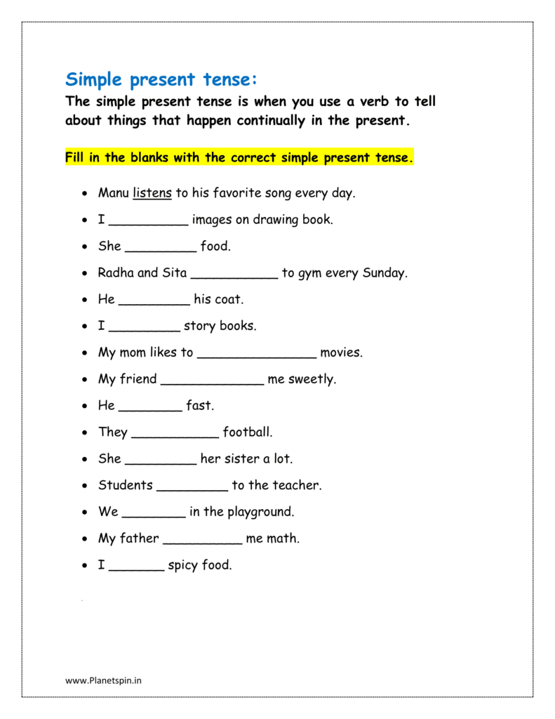 Simple present tense worksheet for grade 1