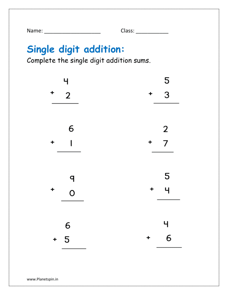 Complete the single digit addition sums.