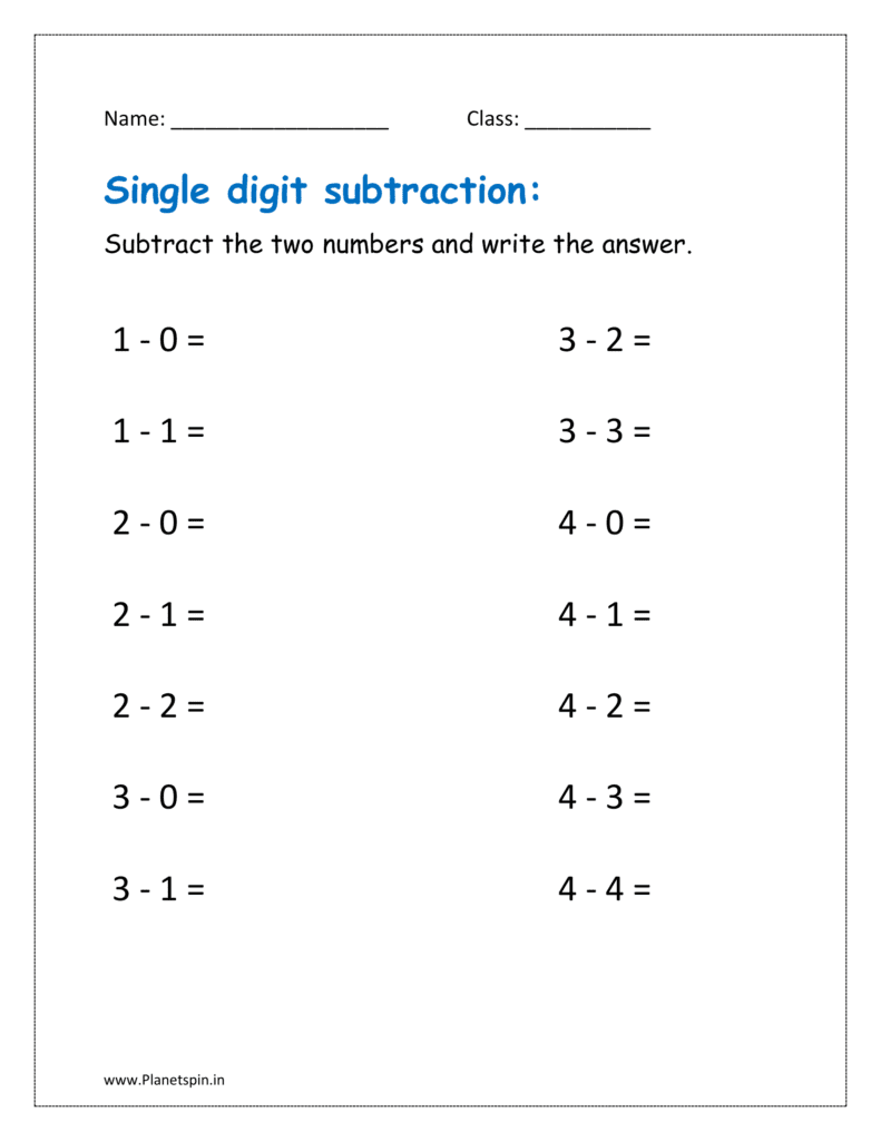 single digit subtraction worksheets pdf