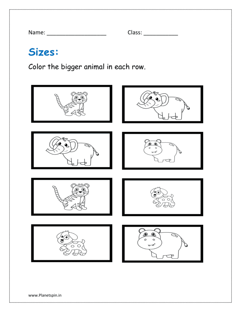 Comparing sizes worksheets for kindergarten