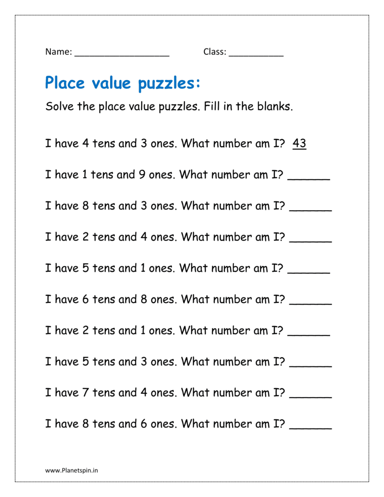 Solve the place value puzzles. Fill in the blanks.