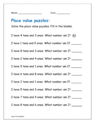 Solve the place value puzzles. Fill in the blanks.