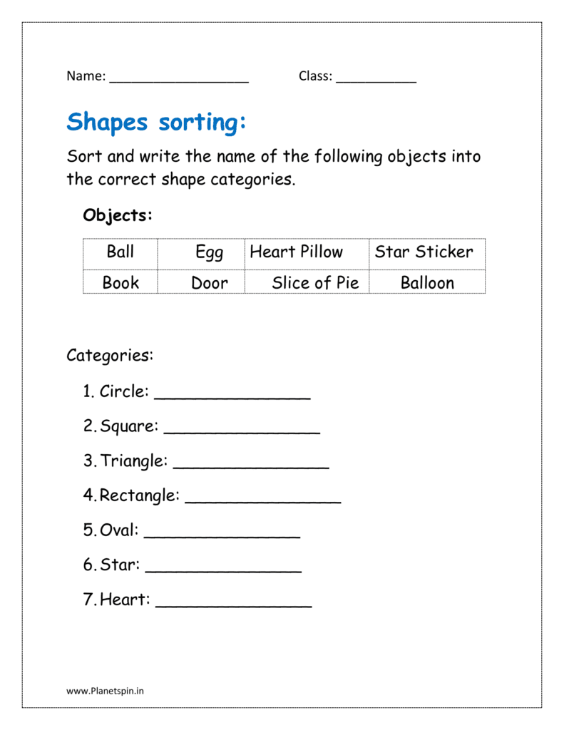 Sort and write the name of the following objects into the correct shape categories.