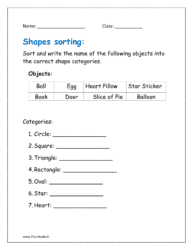 Sort and write the name of the following objects into the correct shape categories.