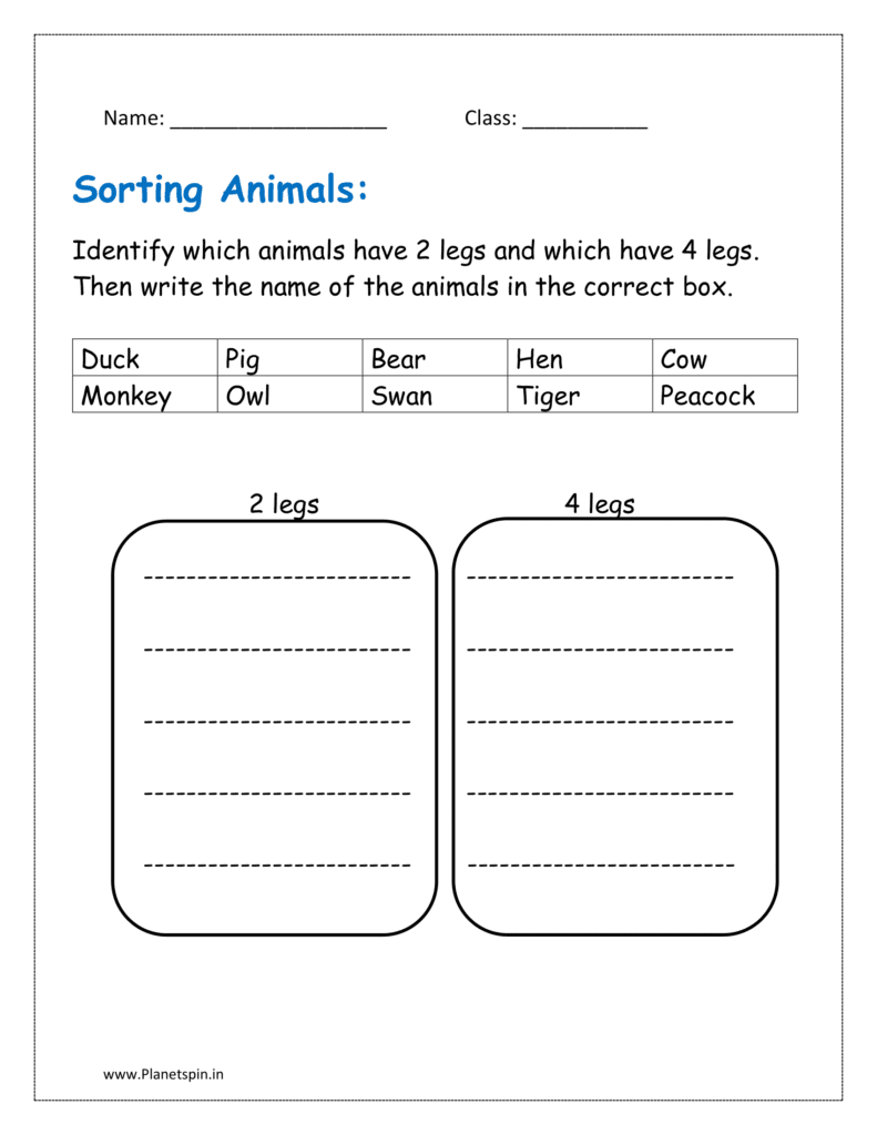 Write the name of the animals in the correct box 