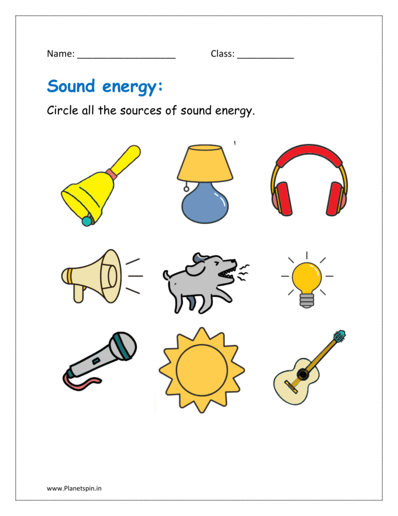 Circle all the sources of sound energy in the worksheet