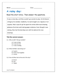 A rainy day passage worksheet including who what when where why how questions