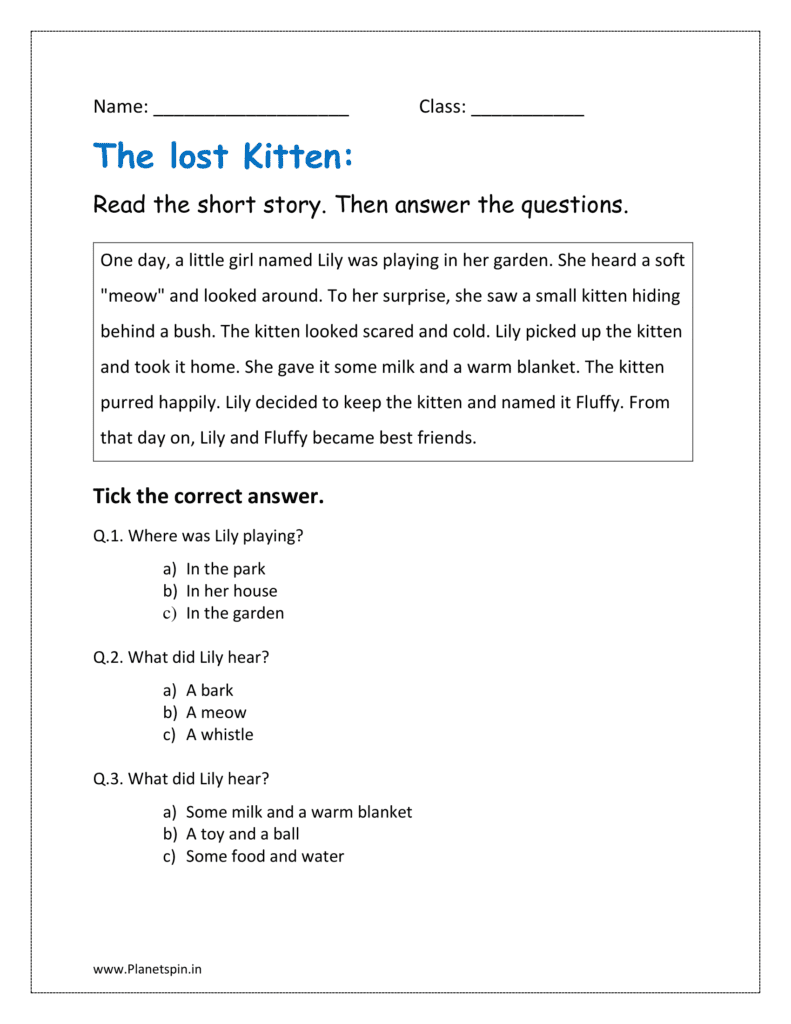 The lost Kitten short story including reading the comprehension and answering the questions like who what when where why how 