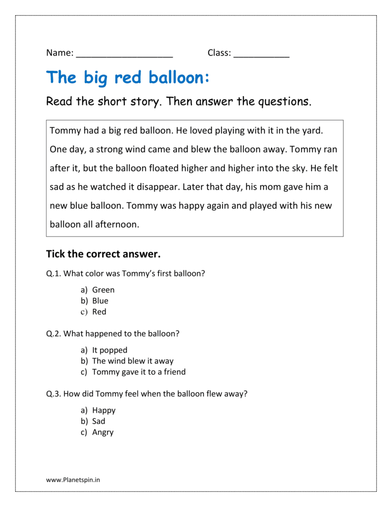 The big red balloon short story including reading the comprehension and answering the questions in the form of MCQ