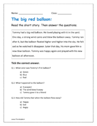 The big red balloon short story including reading the comprehension and answering the questions in the form of MCQ