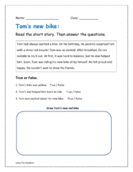 Tom’s new bike short story including who what when where why how questions