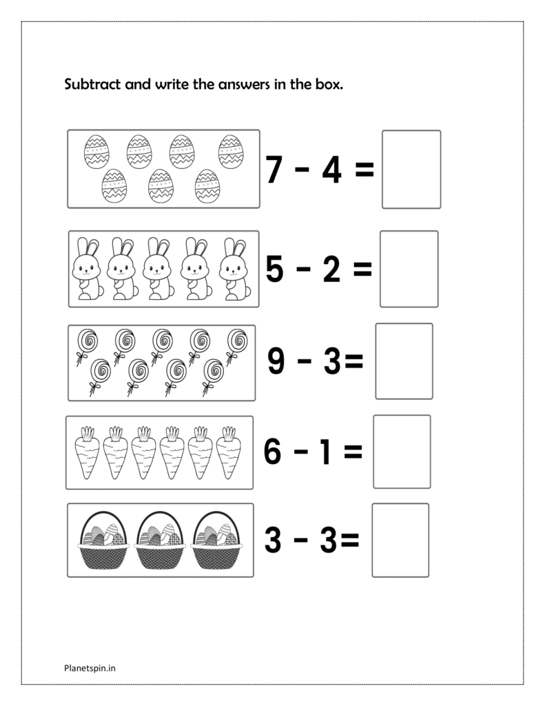 Subtract and write the answers in the box given in the worksheets