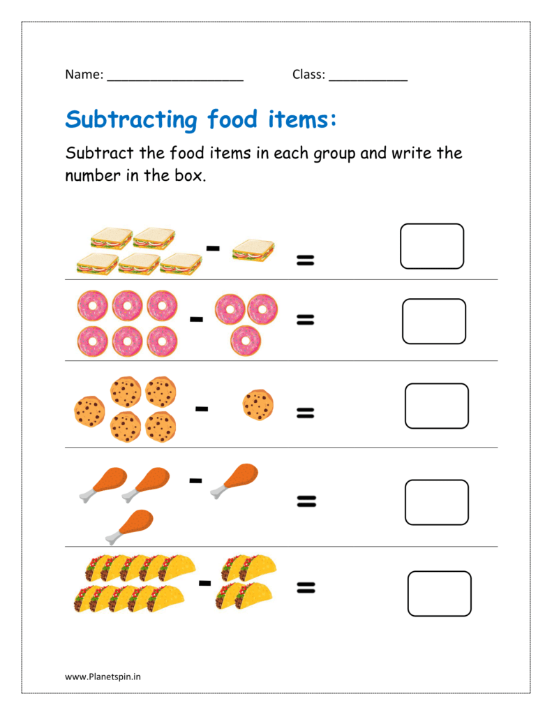 kindergarten Subtraction sheet for the food items 