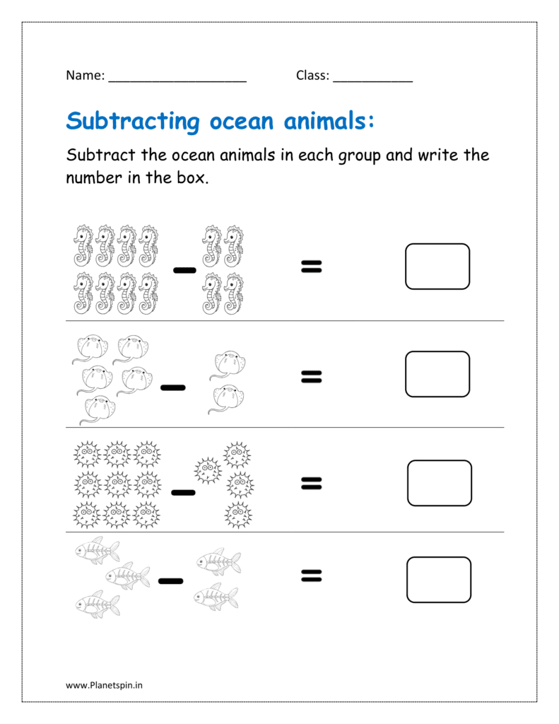 kindergarten Subtraction sheet for the ocean animals 