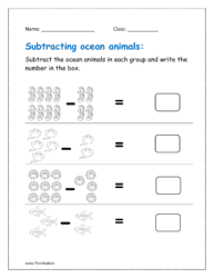 kindergarten Subtraction sheet for the ocean animals 