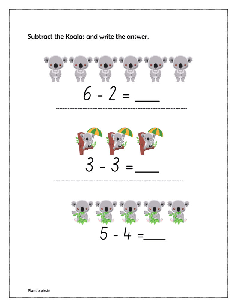 Subtract the Koalas and write the answer in the Subtraction activity sheets given in the worksheets