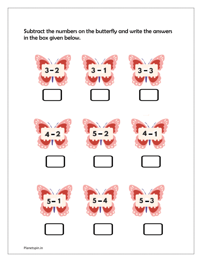 Subtract the numbers on the butterfly and write the answers in the box given below