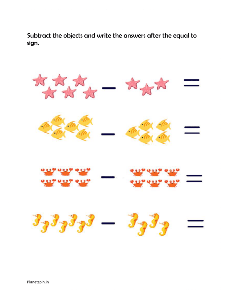 Subtract the objects and write the answers after the equal to sign