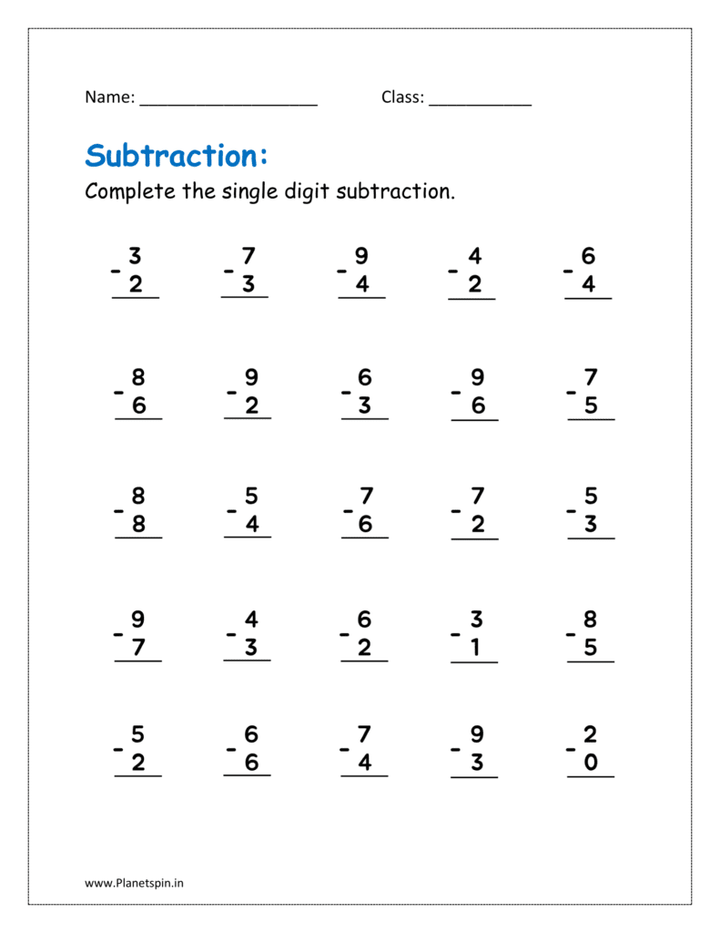 Complete the single digit subtraction  within 20 in the given worksheet for grade 1