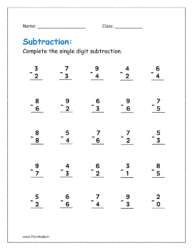 Complete the single digit subtraction (Subtraction up to 20 worksheets for grade 1)