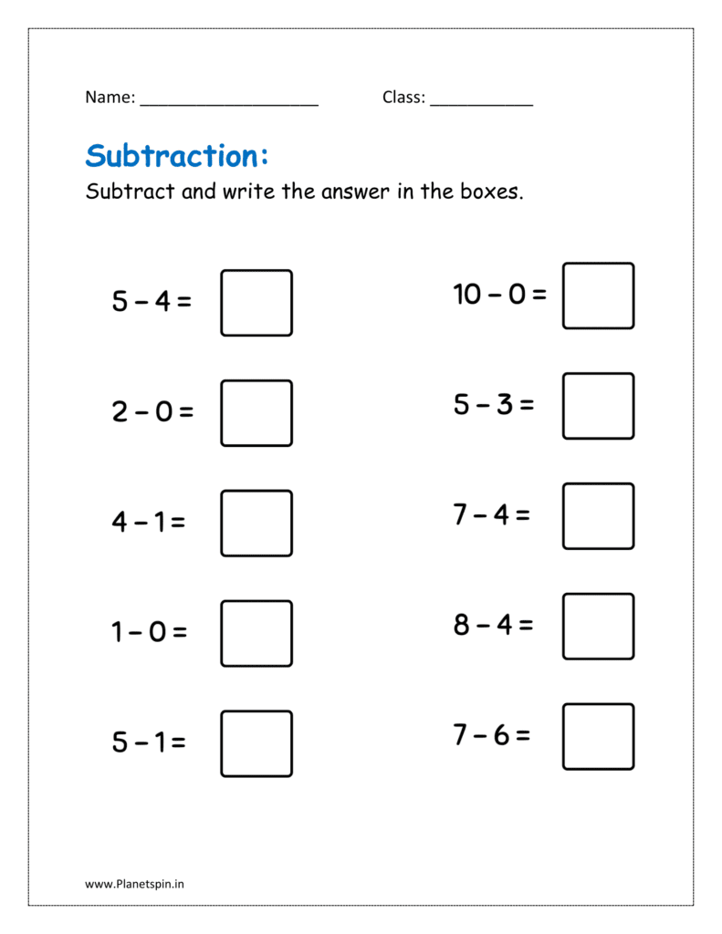 Complete the single digit subtraction (Subtraction up to 20 worksheets for grade 1)