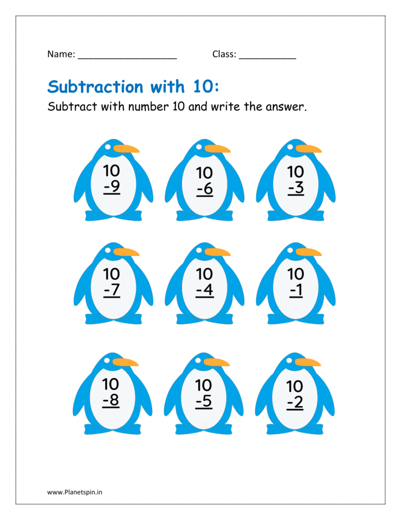 Subtract with number 10 and write the answer 