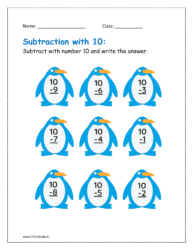 Subtract with number 10 and write the answer (Subtraction up to 20 worksheets for grade 1)