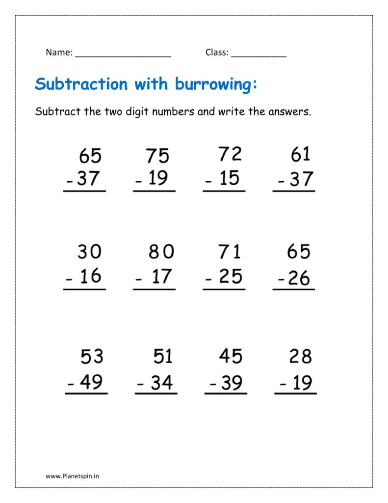 3rd sheet: Two digit subtraction with regrouping