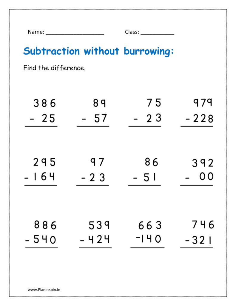 3-digit and 2-digit subtraction worksheet without burrowing