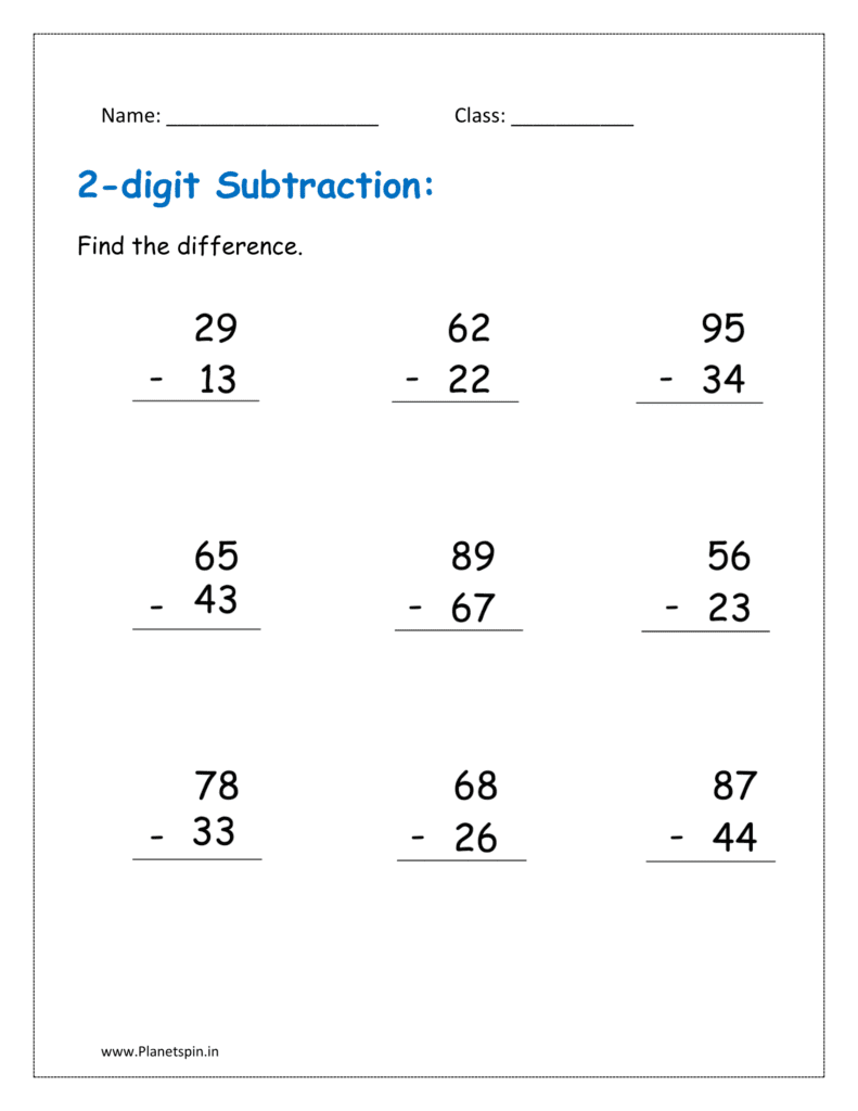 Without burrowing: Subtraction (subtraction worksheets for grade 1 without borrowing)