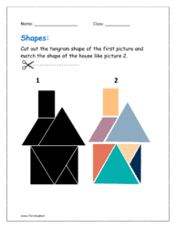 Cut out the tangram shape of the first picture and match the shape of the house like picture 2 (tangram puzzles worksheet)