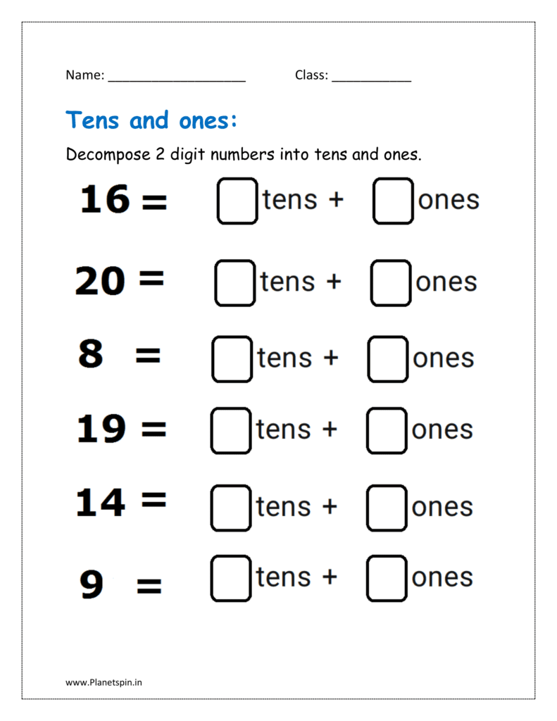 Tens and ones worksheet for kindergarten | Planetspin.in