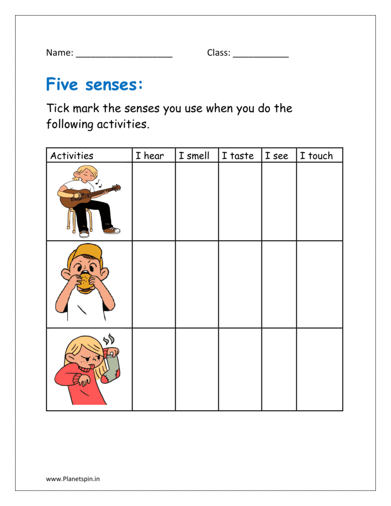 Tick mark the sense organs you use when you do the following activities in worksheet pdf for kindergarten