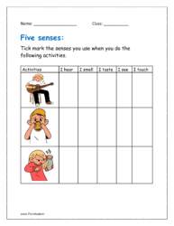 Tick mark the sense organs you use when you do the following activities in worksheet pdf for kindergarten