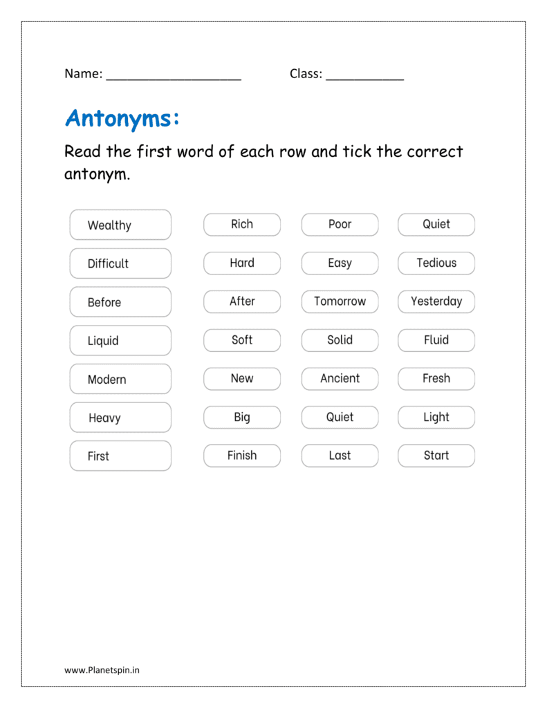 Read the first word of each row and tick the correct antonym in the given worksheet 